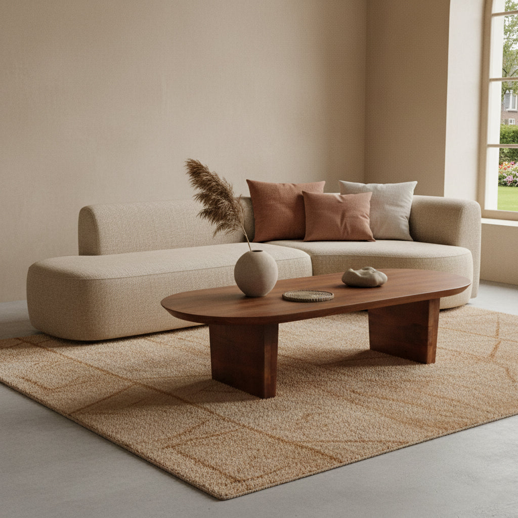 Walnoot ovale salontafel met bouclé bank