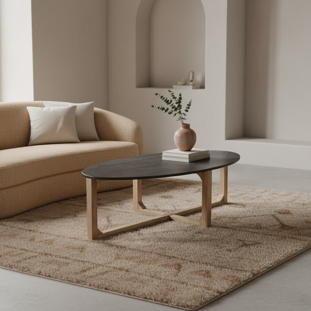 Ovale salontafel met zwart blad en lichthouten onderstel