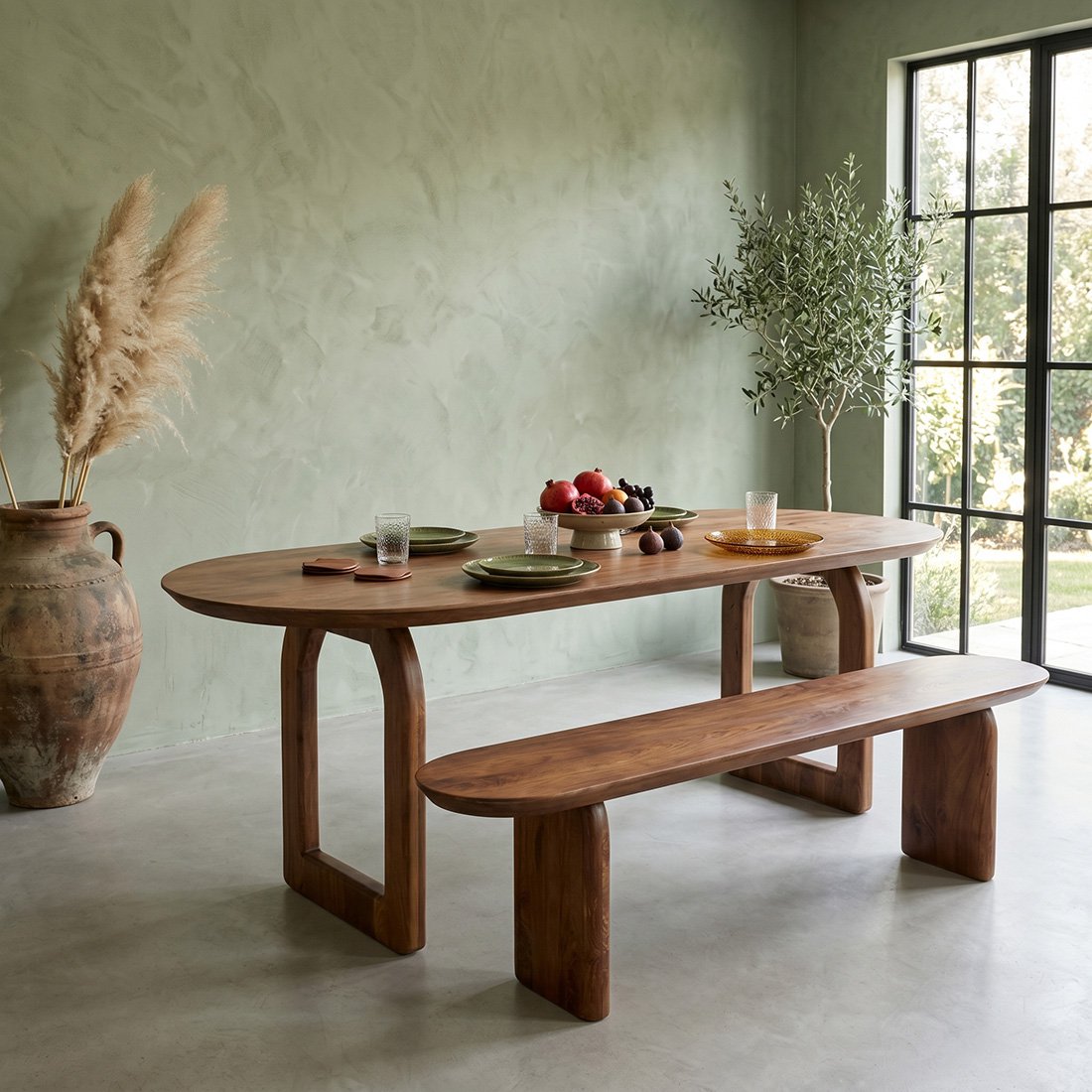 Bullnose mangohouten eettafel bruin - open onderstel