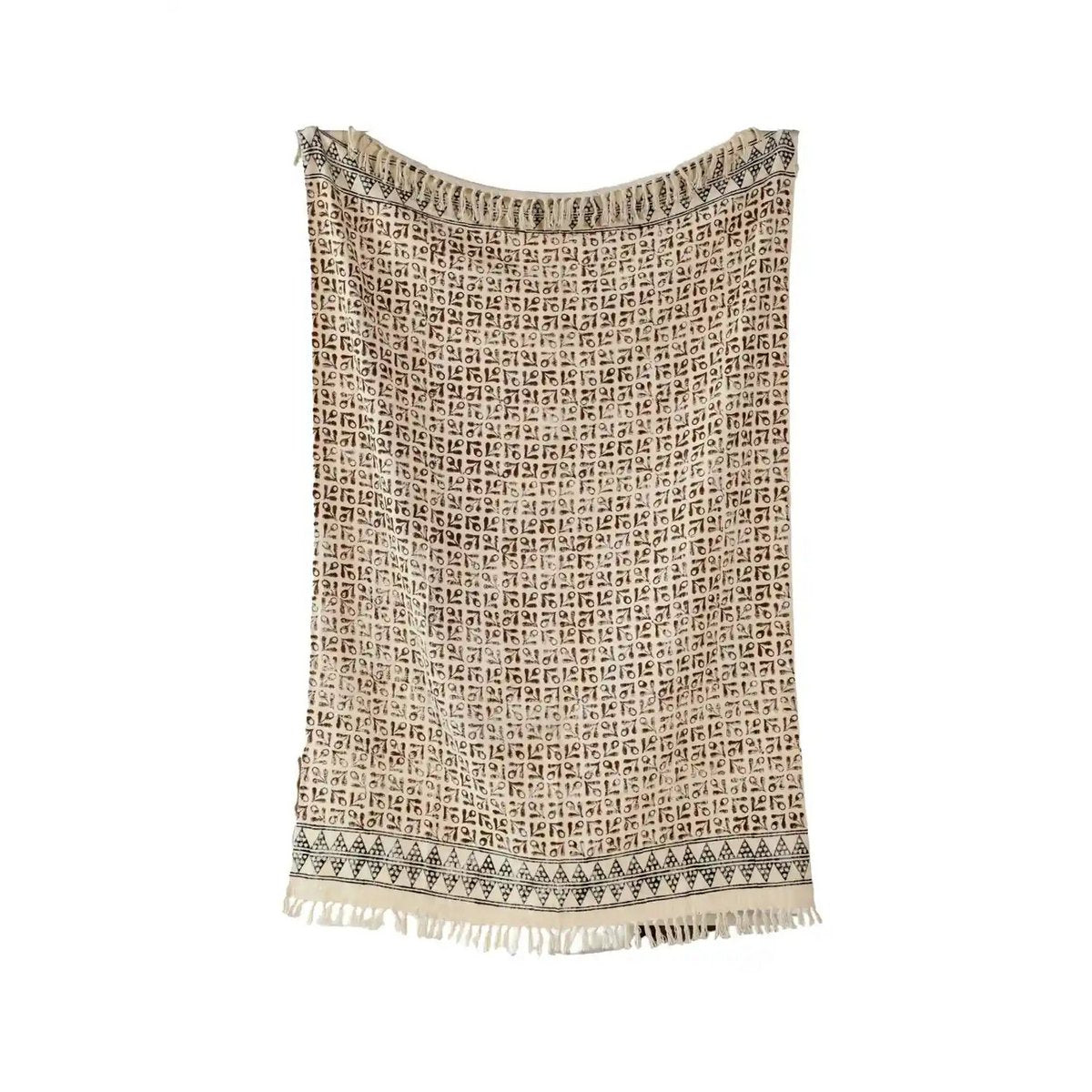 Cream & Brown Ethnic Plaid – Leaf Print with Fringes – 125×180 cm – Urbane Hide
