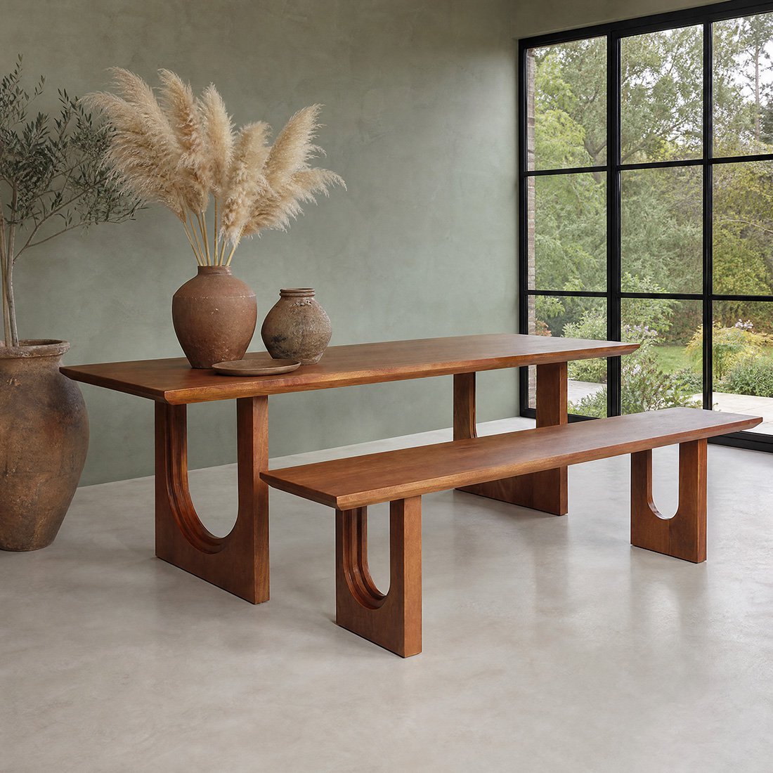 Bullnose Chamfered mangohouten eetkamerbank