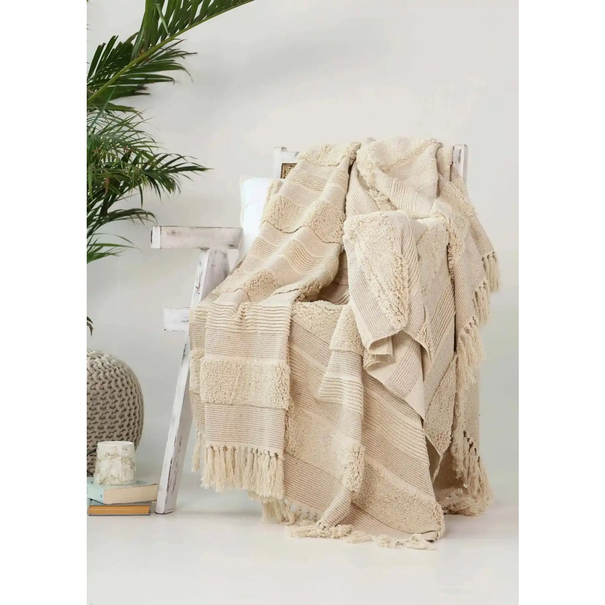 Beige Sand Plaid / Sofa Throw with Textured Weave & Fringes – 130x165 cm – Urbane Hide