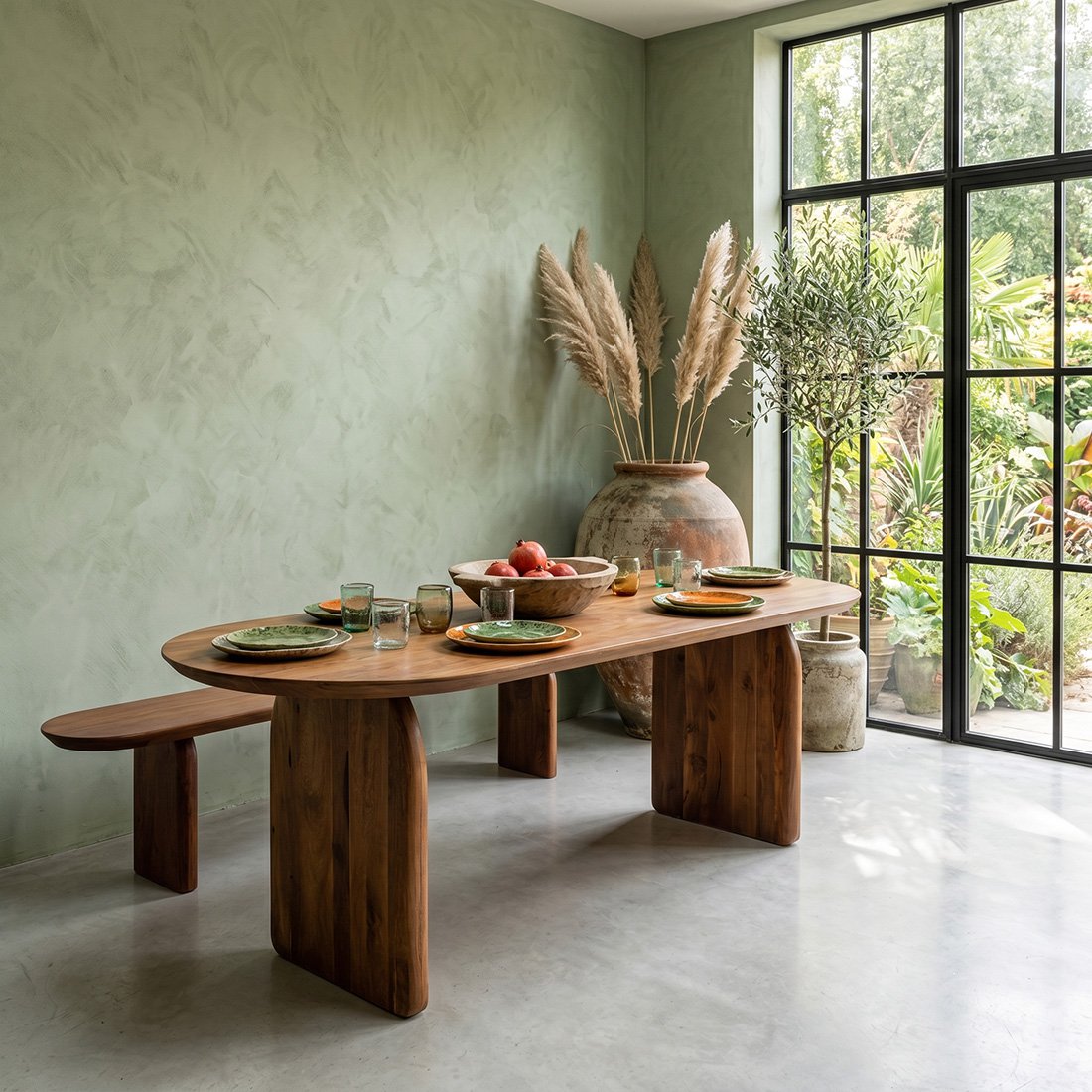 Bullnose mangohouten eettafel bruin - gesloten onderstel