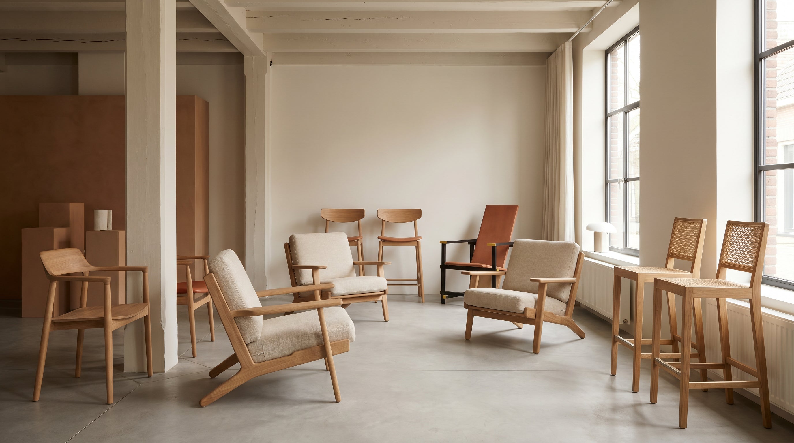 Modern interieur met designstoelen en warme aardetinten