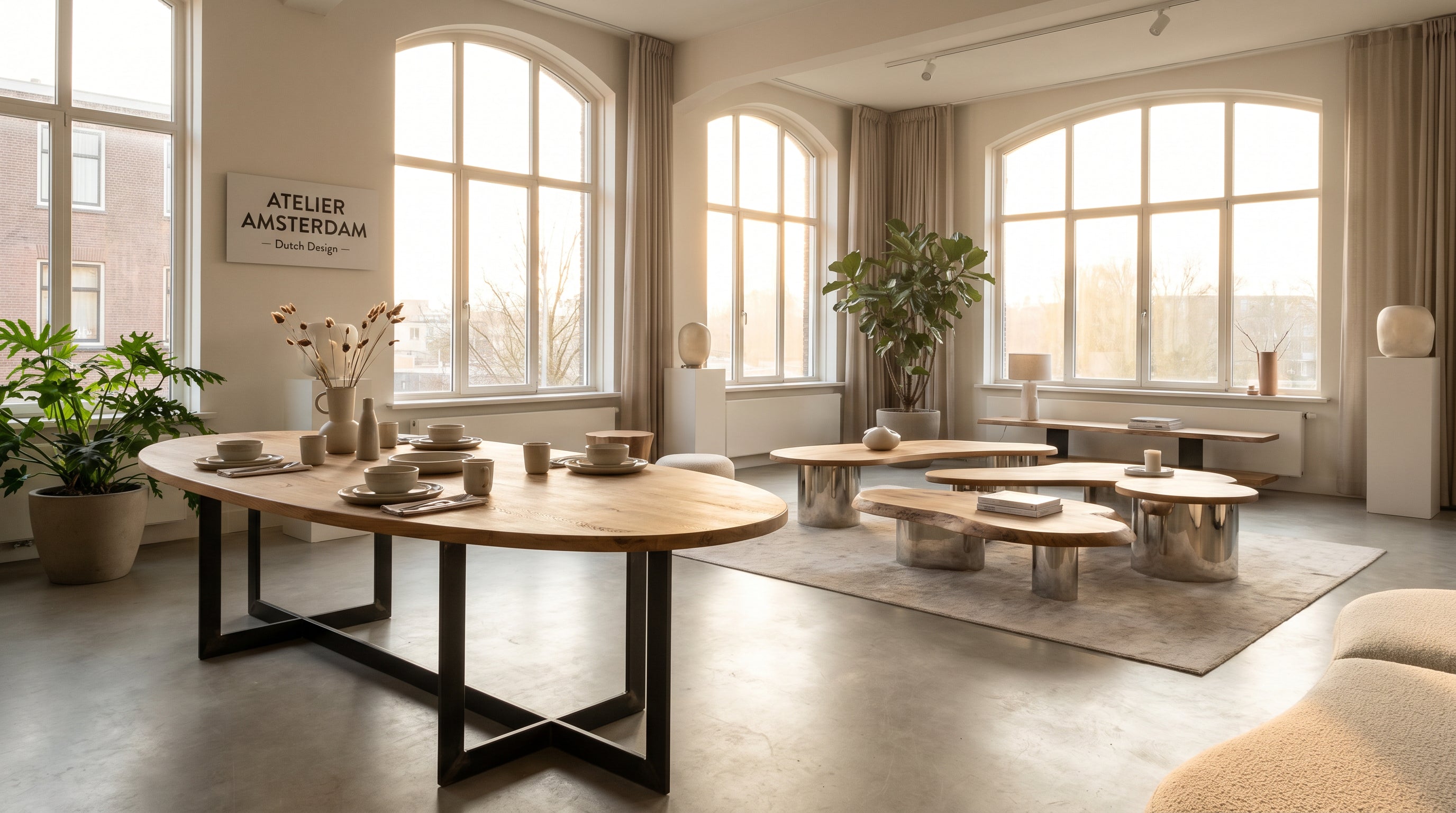 Houten eettafel in een licht, eigentijds interieur