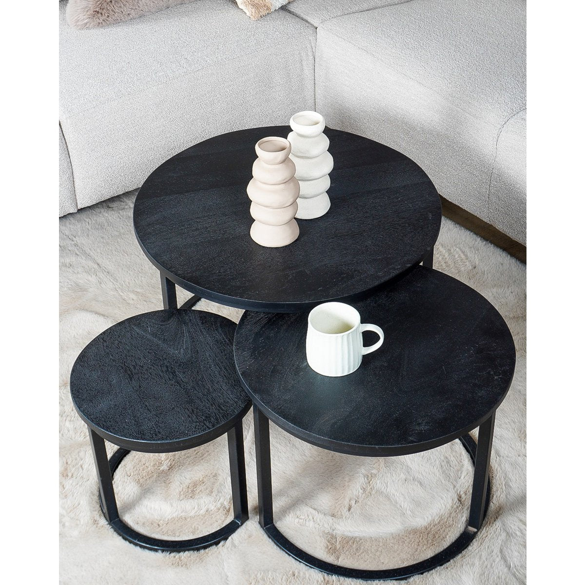 Salontafel Set van 3 – Industriële Salontafelset Erjan – Zwart blad