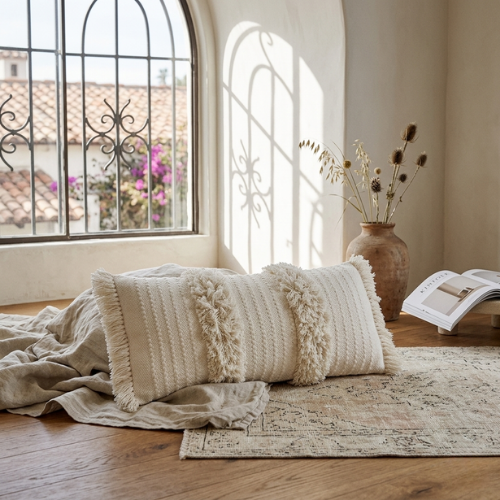 Cream Boho Fringed Lumbar Cushion Cover – Cotton – 35×75 cm – Urbane Hide