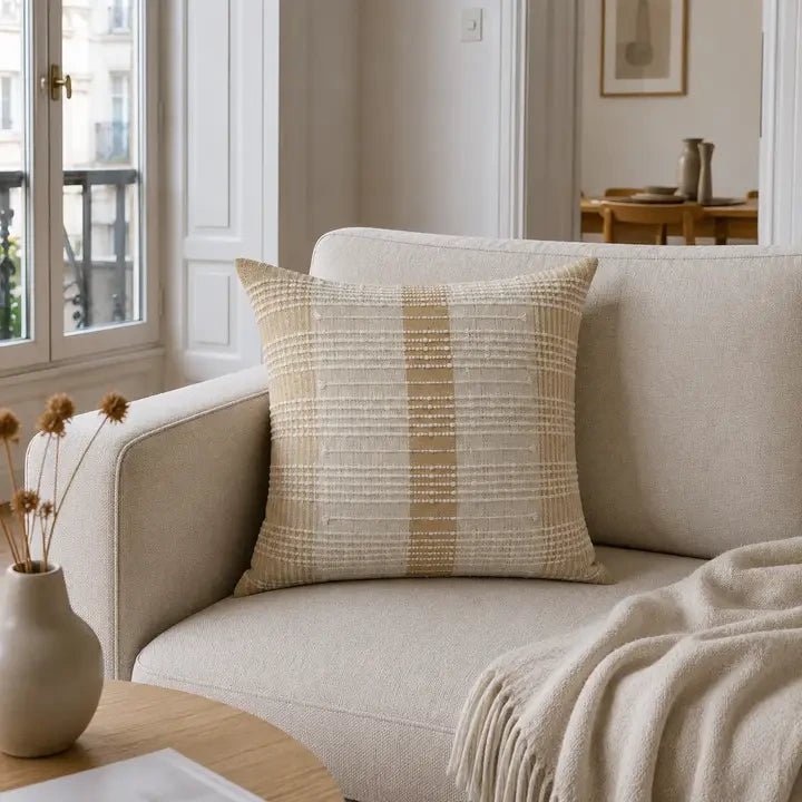 Urbane Hide – Beige en crème geweven rasterkussenhoes – 45×45
