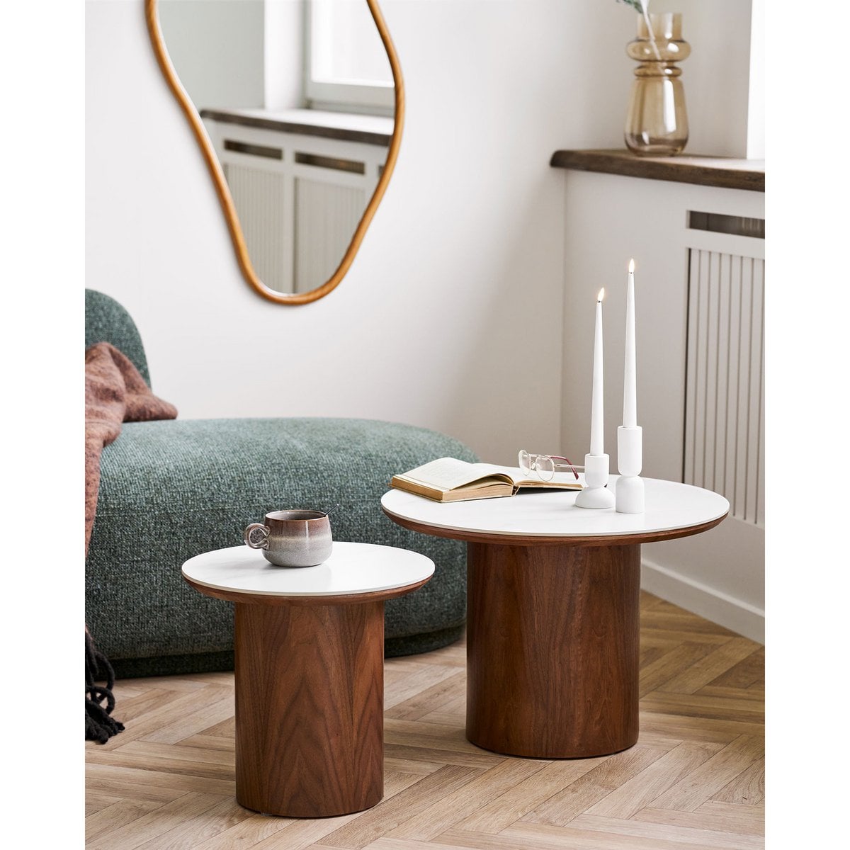 Noli Salontafel, tafelblad keramiek/essenfineer, wit/donkerbruin, ø60x42 cm