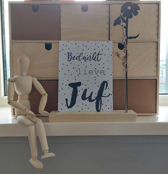 FBRK. Flowergram Juf en Meester ,sfeerfoto van juf met pop houten kastjes vooraanzicht